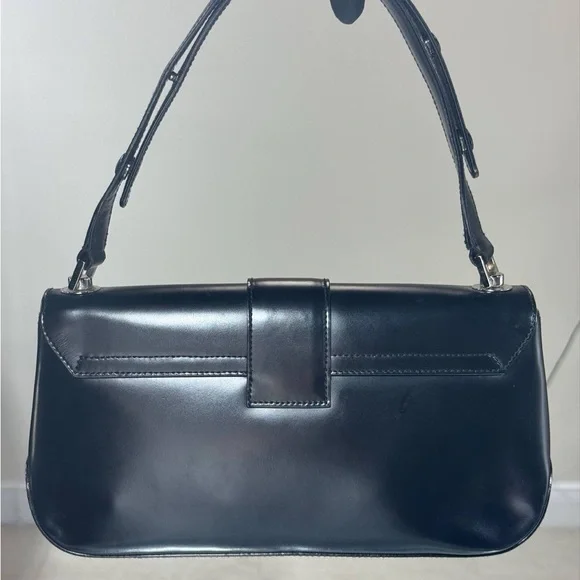 SALVATORE FERRAGAMO Black Leather Handbag Clutch Silver Hardware Shoulder Bag